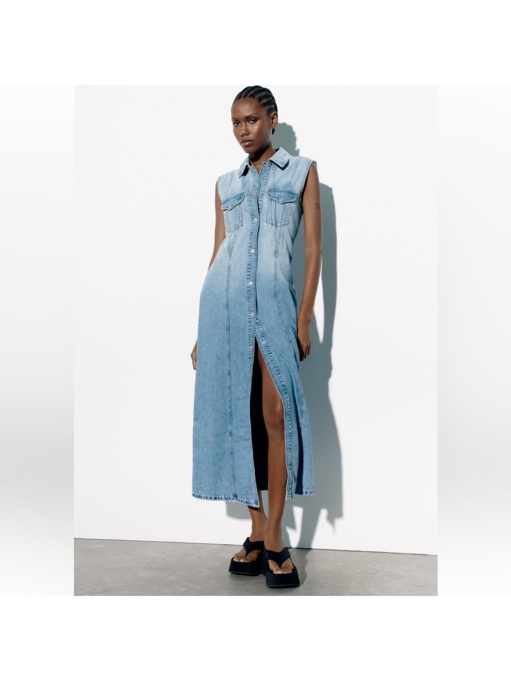 Zara Light Blue Sleeveless Denim Maxi Shirt Dress with Front Slit snap closure